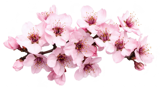A delicate branch of pink cherry blossoms in full bloom. intricate petals and stamens. set against a clean white background. ideal for spring-themed designs and floral arrangements
