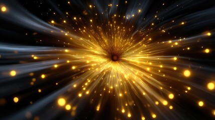 Naklejka premium Golden dust sparkles on dark black background concept. Dynamic explosion of golden light beams and particles.