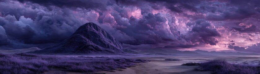 Obraz premium Purple cumulus clouds floating in surreal landscape concept. A stunning purple sunset over majestic mountains and clouds.