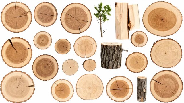 Isolated arrangement of tree rings, logs, and plank sections showing wood grain and knots on a white background studio shot.