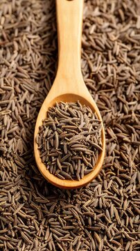 Cumin seeds in a wooden spoon, lying on a bed of cumin, showcasing texture and natural earthy tones, perfect for culinary designs