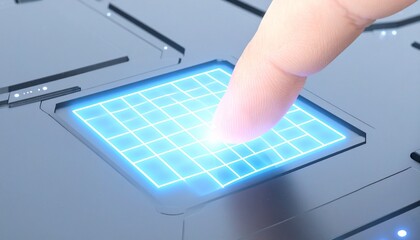 Finger Touching Glowing Blue Grid on Metallic Surface