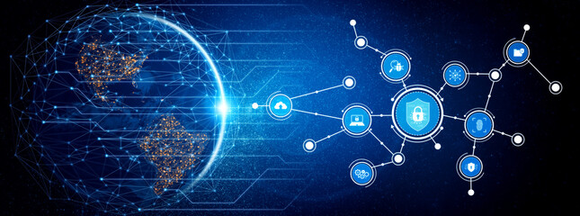 A stunning representation of a global network showcasing digital connections and cybersecurity,...