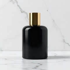 3D render of a realistic matte black perfume bottle with golden cap, isolated on white background, minimal shadows, photorealistic
