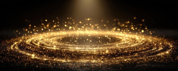 Obraz premium Golden dust sparkles on dark black background concept. Shimmering golden light creating a stunning radiant effect.