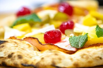 The iconic, wonderful, and unique California pizza, made with Canadian pork tenderloin and tropical fruits—pineapple, mango, fig, peach, and cherries—garnished with fresh mint leaves. 
