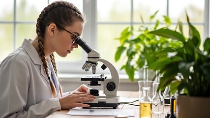 A young female biologist in a lab coat and glasses looks through a microscope in a bright laboratory, representing scientific research, medical study, and botanical discovery. - Powered by Adobe