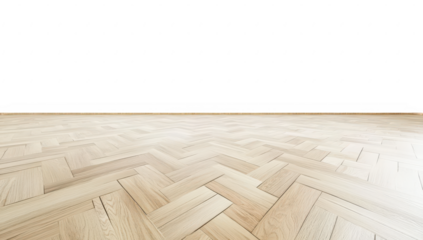 A spacious. empty room featuring a beautifully patterned wooden herringbone floor. with clean white walls and ample natural light. creating an inviting atmosphere for various uses