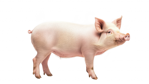 A healthy. adult pig standing confidently on a clean. white background. its smooth skin and natural posture. ideal for agricultural and animal husbandry themes