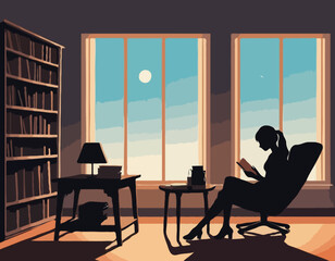 Fototapeta premium Young Woman Engrossed in a Book While Seated on a Chair, Silhouette Against a Reading Table, Cozy Atmosphere.