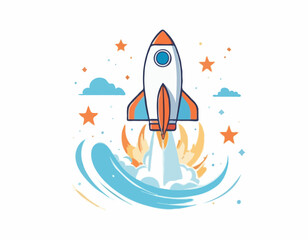 Colorful Cartoon Rocket Ship Launching into Outer Space against a Clean White Backdrop, Fun and Playful Illustration