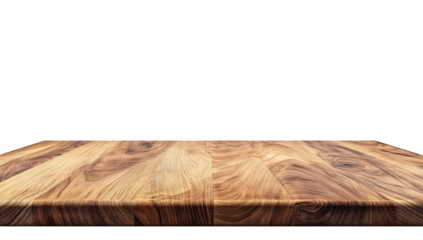 A beautifully crafted wooden tabletop rich grain patterns and a smooth finish. set against a minimalist white background. ideal for product staging or culinary presentations