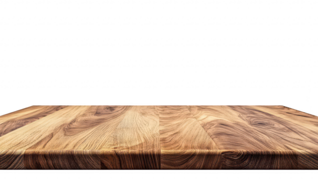 A beautifully crafted wooden tabletop rich grain patterns and a smooth finish. set against a minimalist white background. ideal for product staging or culinary presentations