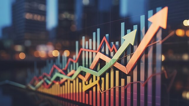 Abstract colorful financial charts on bokeh background representing growth and investment