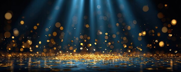 Golden confetti rain falling on festive stage lights concept. Abstract golden bokeh lights sparkling under bright blue beams.