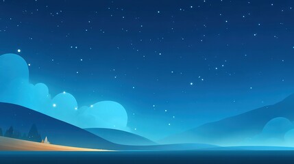 Naklejka premium Starry Night Mountain Landscape with Reflective Lake, Celestial Camping Scene with Tent and Trees, Serene Blue Tone Composition for Travel and Astronomy Themes