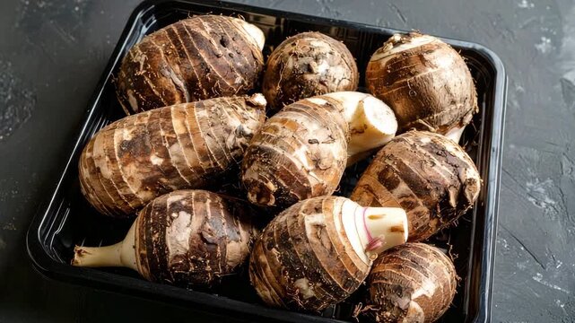 Taro Roots: A close-up shot of freshly harvested taro roots, featuring their unique textures and earthy tones, in a black tray.