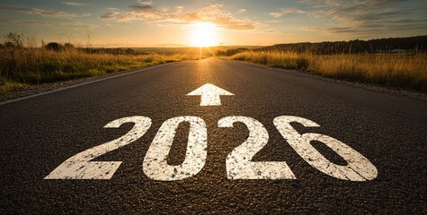 Road to 2026 with Arrow Symbol and Sunset Horizon, Future Planning and Goal Achievement Concept, Business Strategy Visualization, Warm Sunset Glow on Asphalt Surface
