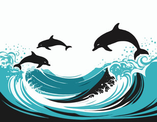 black silhouette Playful dolphins jumping out of the ocean waves isolated white background