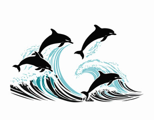 black silhouette Playful dolphins jumping out of the ocean waves isolated white background