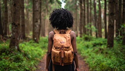Rear view of an adventurous woman with a backpack hiking on a tranquil path in a lush green forest