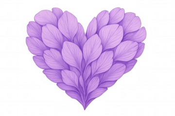Heart shape forming from soft purple flower petals, symbolizing love, romance, and nature on an isolated transparent background