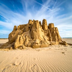 Massive sandcastle on a sunny beach