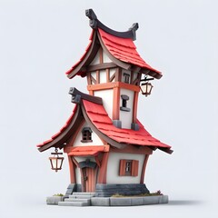 Obraz premium Stylized fantasy house with red roofs white walls timber framing stone base door windows two lanterns