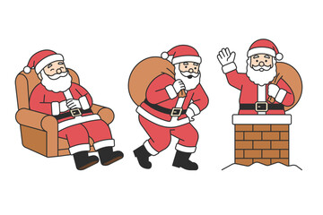 Santa Claus character set with sleeping in sofa, carrying sack of presents and waving from chimney, traditional red costume with beard, Christmas mascot for holiday design. Flat vector illustration