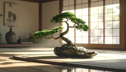 Intricate Bonsai Tree on Stone Slab with Sunlight and Wooden Window Frames Interior Decor and Minimalist Japanese Art