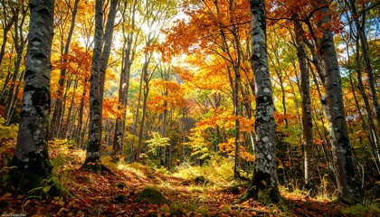 Fototapeta premium Autumn forest bathed in sunlight (1)