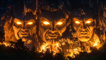 Three Evil Faces Carved into a Cliffside with Glowing Eyes