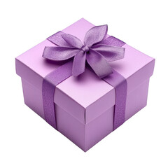 Obraz premium A beautifully wrapped purple gift box adorned with a satin ribbon and bow. placed on a clean white surface. ideal for celebrations and special occasions