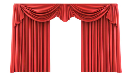 Elegant red curtains draped gracefully. intricate folds and textures. set against a clean white background. ideal for theatrical or decorative use