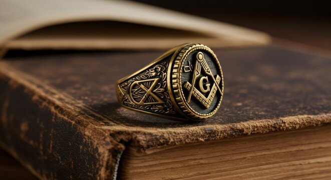 Golden masonic ring with square and compass symbol resting on an ancient, worn book. Secret society, freemasonry, and conspiracy concept.
