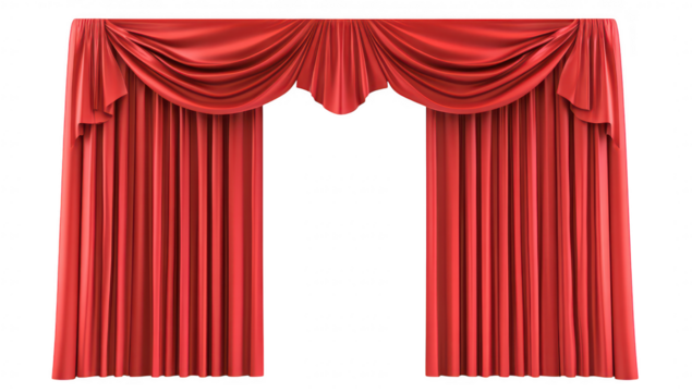 Elegant red curtains draped gracefully. intricate folds and textures. set against a clean white background. ideal for theatrical or decorative use