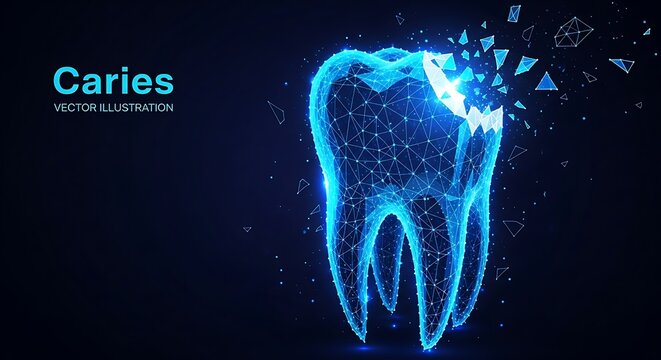 Grafik karies gigi modern yang bersinar untuk kampanye kesadaran dan pencegahan kesehatan gigi, cocok untuk materi edukasi dan promosi klinik