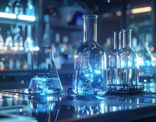 Laboratory Glassware with Luminous Liquid in Blue Tones