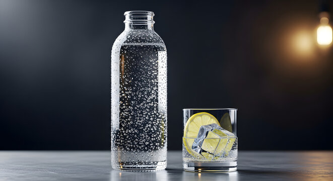 A clear glass bottle filled with sparkling water stands next to a glass of ice, lemon slices, and water on a gray surface against a dark background with a lightbulb. - Powered by Adobe
