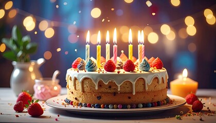 Layered Cake with Dripping Icing and Berries Under String Lights in a Festive Ambience