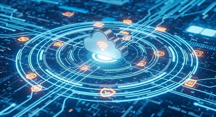 Jaringan cloud yang aman dengan koneksi digital yang menakjubkan untuk solusi data inovatif dalam bisnis modern, sebuah pernyataan kuat untuk kemajuan teknologi