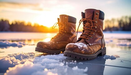 Leather Boots on Snow at Sunset with Warm Tones and Cinematic Light