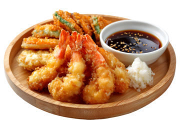Golden crispy shrimp and vegetable tempura served with dipping sauce, beautifully plated, appetizing and perfect for menu or food ads.