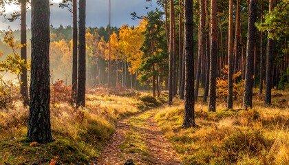 Obraz premium Autumn forest path bathed in sunlight (3)