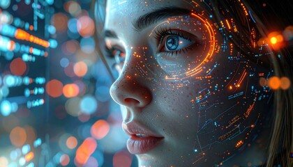 Young Woman with Digital Circuitry Overlay