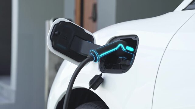 Electric car recharging from home charging station by futuristic EV charger. Cutting-edge technology advancement of EV car and smart home renewable energy infrastructure for sustainable power. Peruse