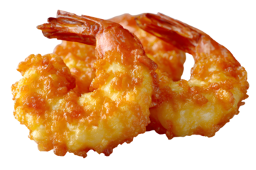 Close-up of golden crispy shrimp tempura, isolated on white, detailed texture, perfect for menu design, food packaging or advertising use.