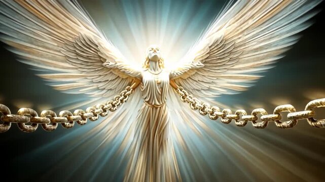 Golden angel figure breaking free from chains, radiating light and hope.