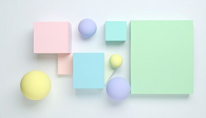 Pastel Colored Cubes and Spheres on White Background
