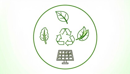 Green Sustainability Icon: Leaves, Recycle Symbol, Solar Panel